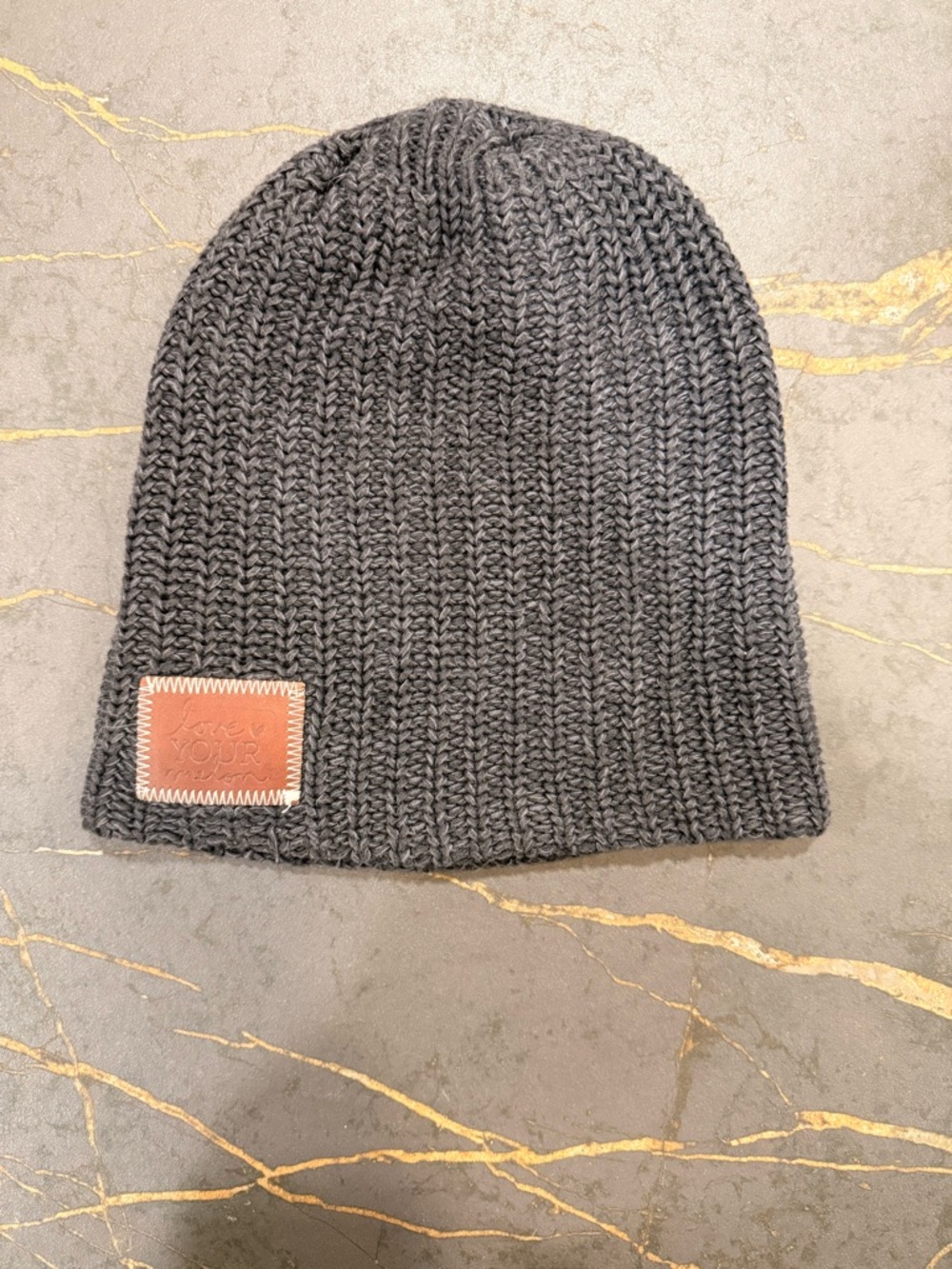 Love Your Melon Charcoal Gray Knit Beanie with Leather Patch